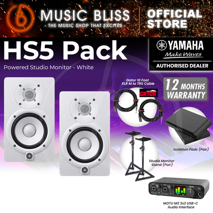 Yamaha HS5 Powered Studio Monitor Speaker White (Pair) and MOTU M2 USB-C Audio Interface Home Studio Bundle with Studio Monitor Stands, Isolation Pads & Gator Cables