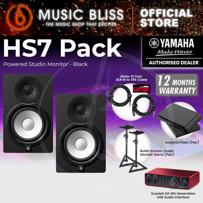 Yamaha HS7 Powered Studio Monitor Speaker Black (Pair) and Focusrite Scarlett 2i2 4th Gen USB Audio Interface Home Studio Bundle with Studio Monitor Stands, Isolation Pads & Gator Cables