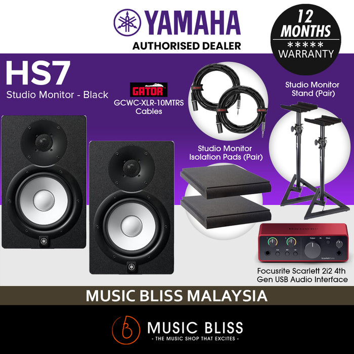 Home Studio Package with Yamaha HS7 Powered Monitor Speaker and Focusrite Scarlett 2i2 (4th Gen) Audio Interface, Studio Monitor Stands, Isolation Pads and Gator Cables - Black (Pair)