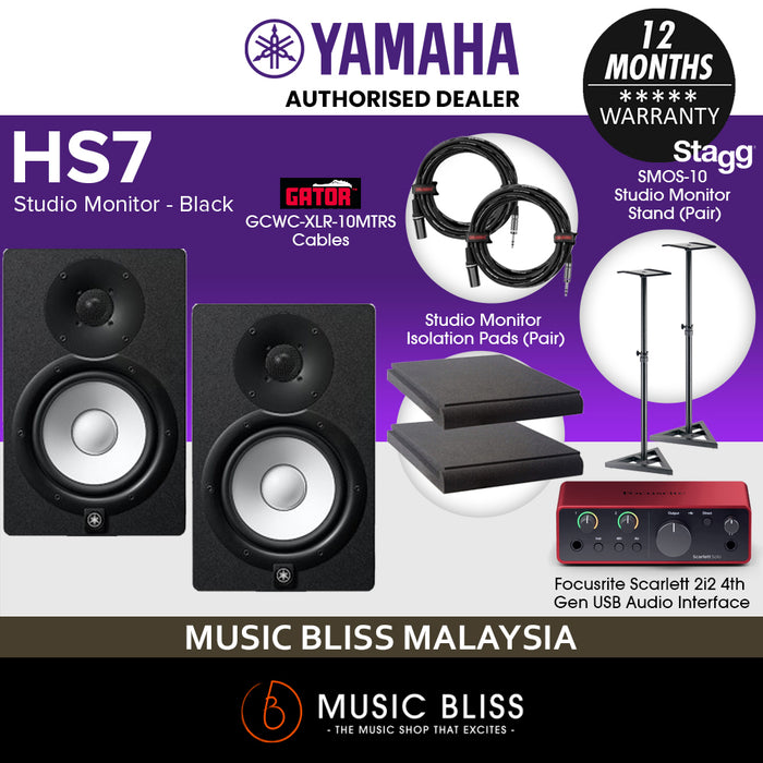 Home Studio Package with Yamaha HS7 Powered Monitor Speaker and Focusrite Scarlett 2i2 (4th Gen) Audio Interface, Stagg Studio Monitor Stands, Isolation Pads and Gator Cables - Black (Pair)