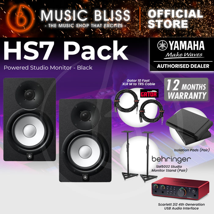 Yamaha HS7 Powered Studio Monitor Speaker Black (Pair) and Focusrite Scarlett 2i2 4th Gen USB Audio Interface Home Studio Bundle with Behringer Studio Monitor Stands, Isolation Pads & Gator Cables
