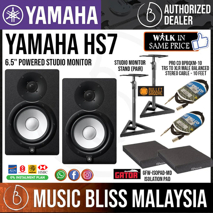 Yamaha HS7 Powered Studio Monitor with Studio Monitor Stands, Gator Isolation Pads and Pro Co Cables - Black (Pair) - Music Bliss Malaysia