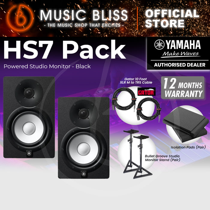 Yamaha HS7 Powered Studio Monitor Speaker Black (Pair) Bundle with Studio Monitor Stands, Isolation Pads & Gator Cables