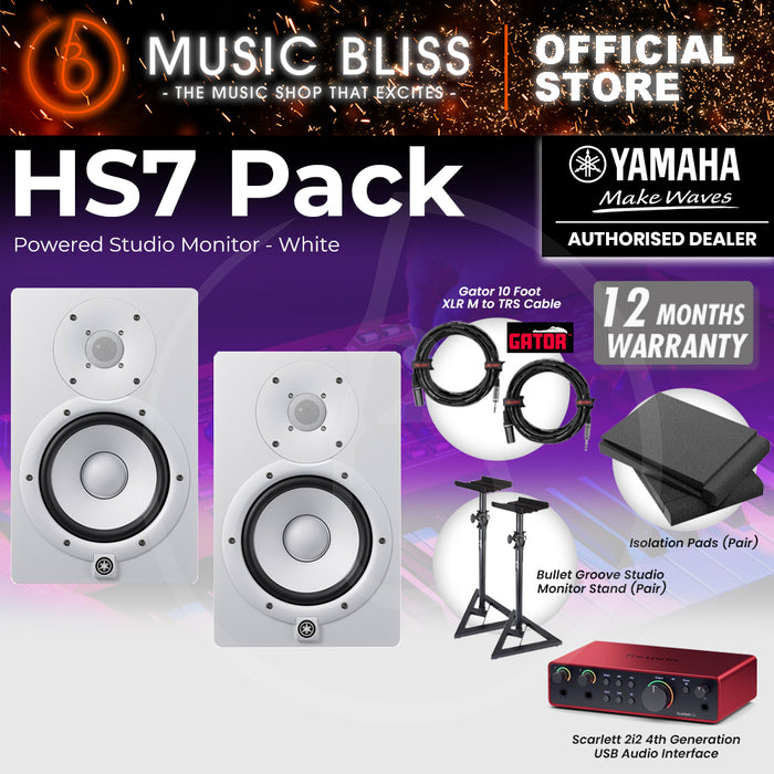 Yamaha HS7 Powered Studio Monitor Speaker White (Pair) and Focusrite Scarlett 2i2 4th Gen USB Audio Interface Home Studio Bundle with Studio Monitor Stands, Isolation Pads & Gator Cables