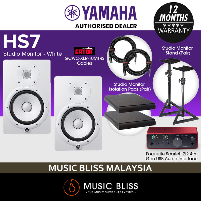 Home Studio Package with Yamaha HS7 Powered Monitor Speaker and Focusrite Scarlett 2i2 (4th Gen) Audio Interface, Studio Monitor Stands, Gator Isolation Pads and Gator Cables - White (Pair)