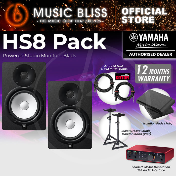 Yamaha HS8 Powered Studio Monitor Speaker Black (Pair) and Focusrite Scarlett 2i2 4th Gen USB Audio Interface Home Studio Bundle with Studio Monitor Stands, Isolation Pads & Gator Cables