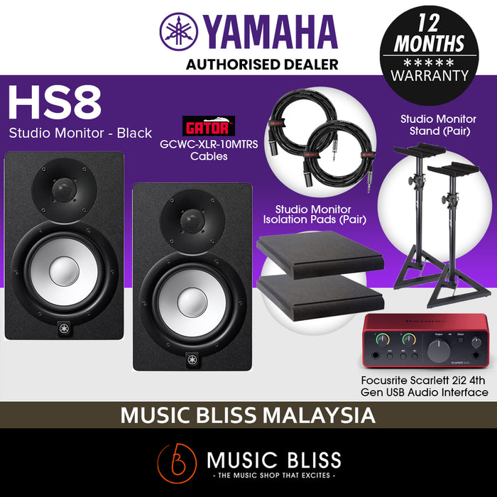 Home Studio Package with Yamaha HS8 Powered Monitor Speaker and Focusrite Scarlett 2i2 (4th Gen) Audio Interface, Studio Monitor Stands,Isolation Pads and Gator Cables - Black (Pair)
