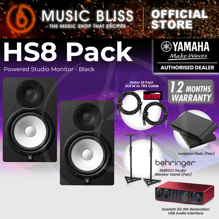 Yamaha HS8 Powered Studio Monitor Speaker Black (Pair) and Focusrite Scarlett 2i2 4th Gen USB Audio Interface Home Studio Bundle with Behringer Studio Monitor Stands, Isolation Pads & Gator Cables