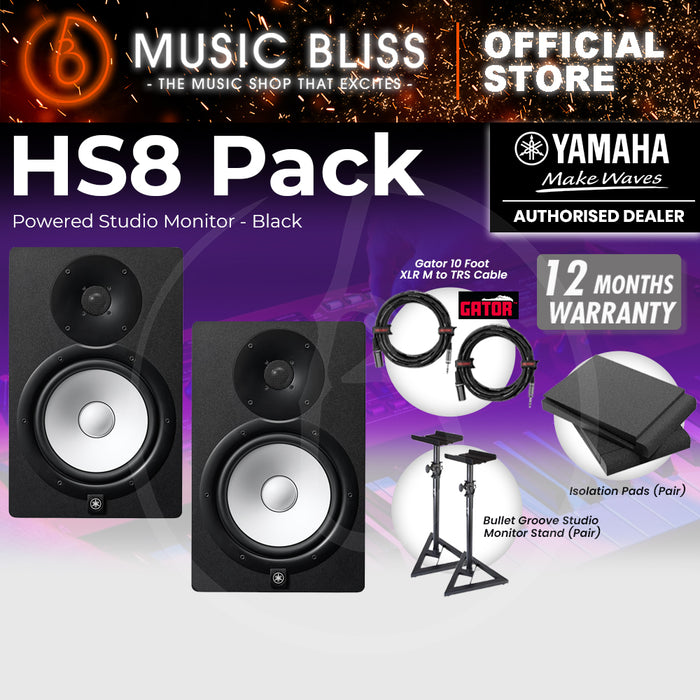 Yamaha HS8 Powered Studio Monitor Speaker Black (Pair) Bundle with Studio Monitor Stands, Isolation Pads & Gator Cables