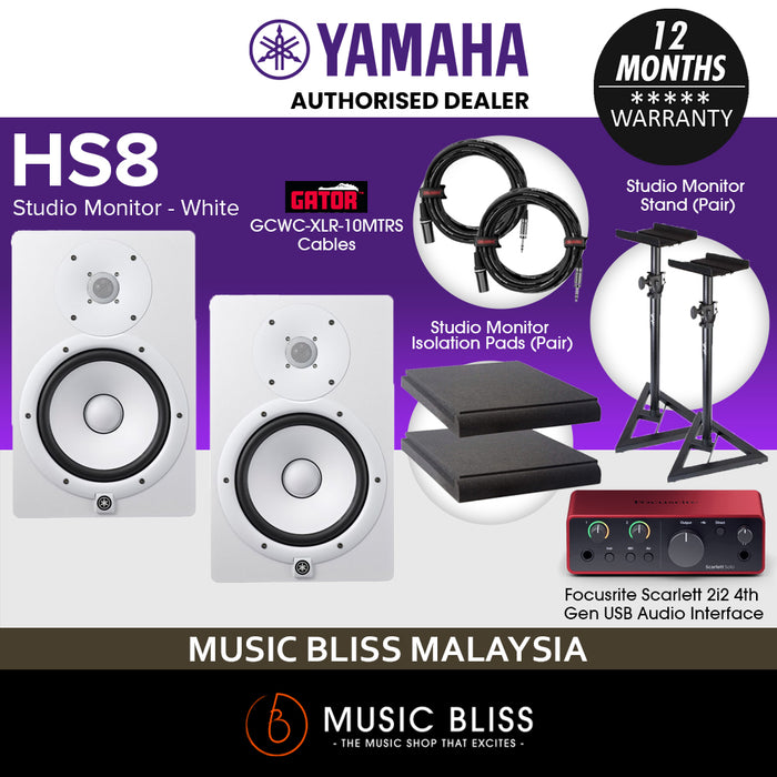Home Studio Package with Yamaha HS8 Powered Monitor Speaker and Focusrite Scarlett 2i2 (4th Gen) Audio Interface, Studio Monitor Stands,Isolation Pads and Gator Cables - White (Pair)