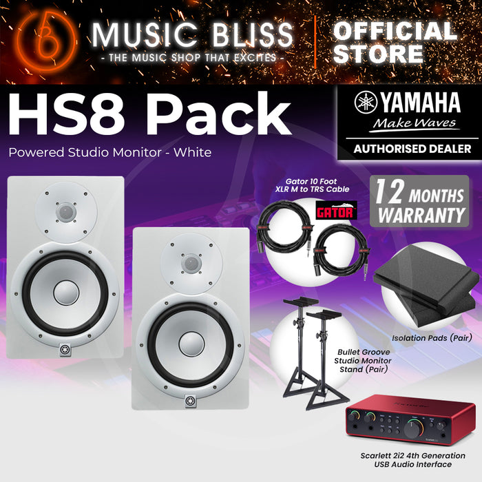 Yamaha HS8 Powered Studio Monitor Speaker White (Pair) and Focusrite Scarlett 2i2 4th Gen USB Audio Interface Home Studio Bundle with Studio Monitor Stands, Isolation Pads & Gator Cables