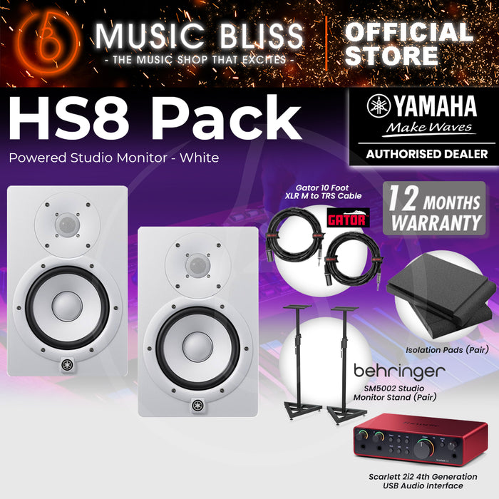 Yamaha HS8 Powered Studio Monitor Speaker White (Pair) and Focusrite Scarlett 2i2 4th Gen USB Audio Interface Home Studio Bundle with Behringer Studio Monitor Stands, Isolation Pads & Gator Cables