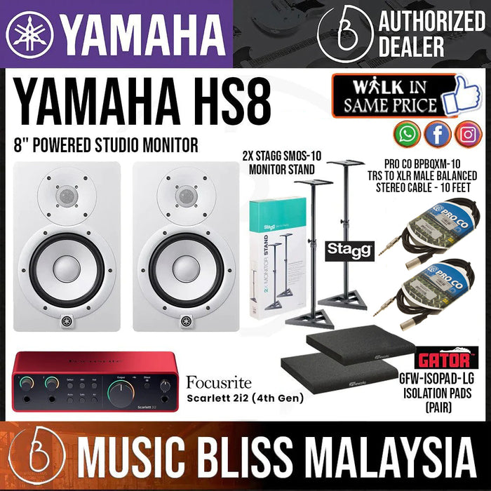 Home Studio Package with Yamaha HS8 Powered Monitor Speaker and Focusrite Scarlett 2i2 (4th Gen) Audio Interface, Stagg Studio Monitor Stands, Gator Isolation Pads and Pro Co Cables - White (Pair) - Music Bliss Malaysia