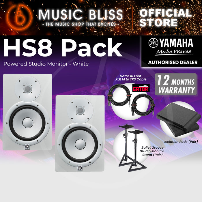 Yamaha HS8 Powered Studio Monitor Speaker White (Pair) Bundle with Studio Monitor Stands, Isolation Pads & Gator Cables