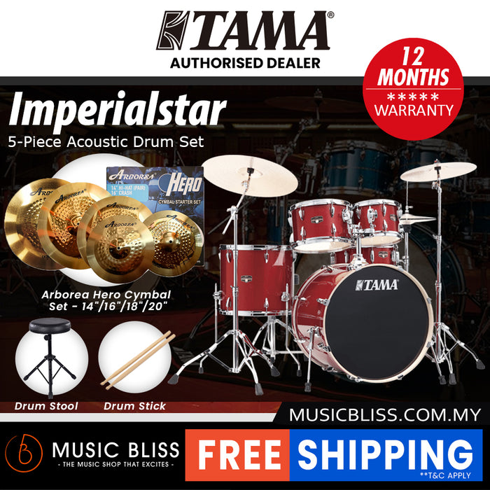 Tama Imperialstar 5-piece Drum Set with Drumsticks and Throne - 22 Inch Bass Drum - Burnt Red Mist