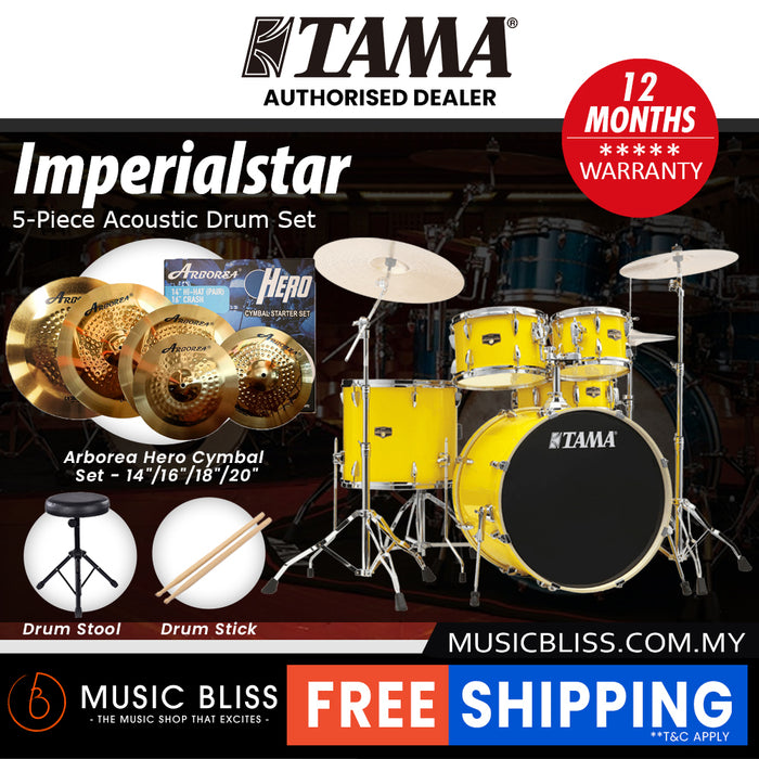 Tama Imperialstar 5-piece Drum Set with Drumsticks and Throne - 22 Inch Bass Drum - Electric Yellow