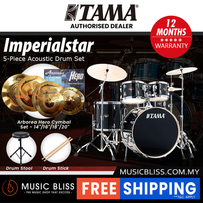 Tama Imperialstar 5-piece Drum Set with Drumsticks and Throne - 22 Inch Bass Drum - Hairline Black