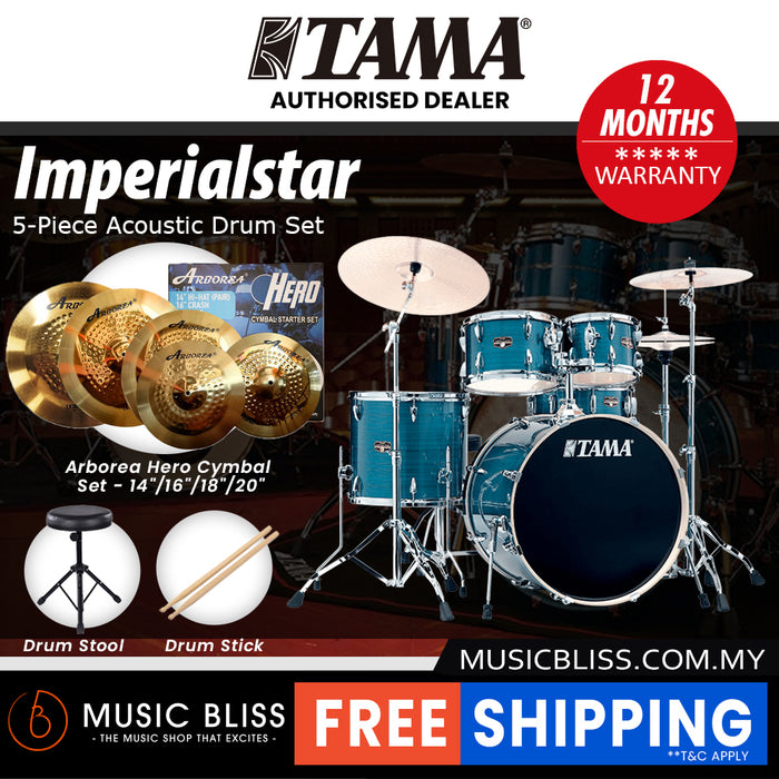 Tama Imperialstar 5-piece Drum Set with Drumsticks and Throne - 22 Inch Bass Drum - Hairline Blue