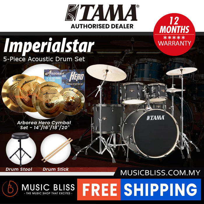 Tama Imperialstar 5-piece Drum Set with Drumsticks and Throne - 22 Inch Bass Drum - Blacked Out Black