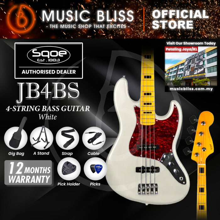 SQOE JB4BS 4-Strings Jazz Bass Guitar, Maple Fretboard - White