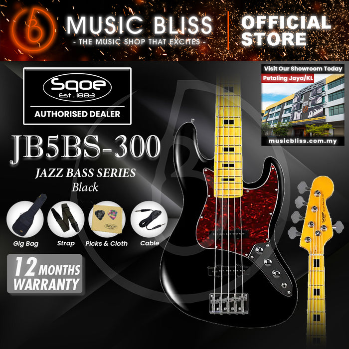 SQOE JB5BS300 5-string Electric Bass Guitar with Maple Fingerboard - Black