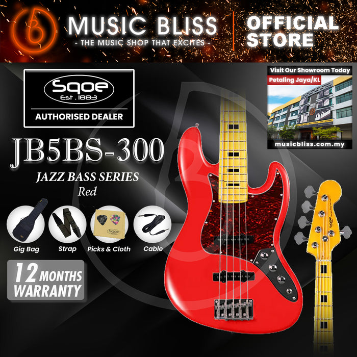 SQOE JB5BS300 5-string Electric Bass Guitar with Maple Fingerboard - Red