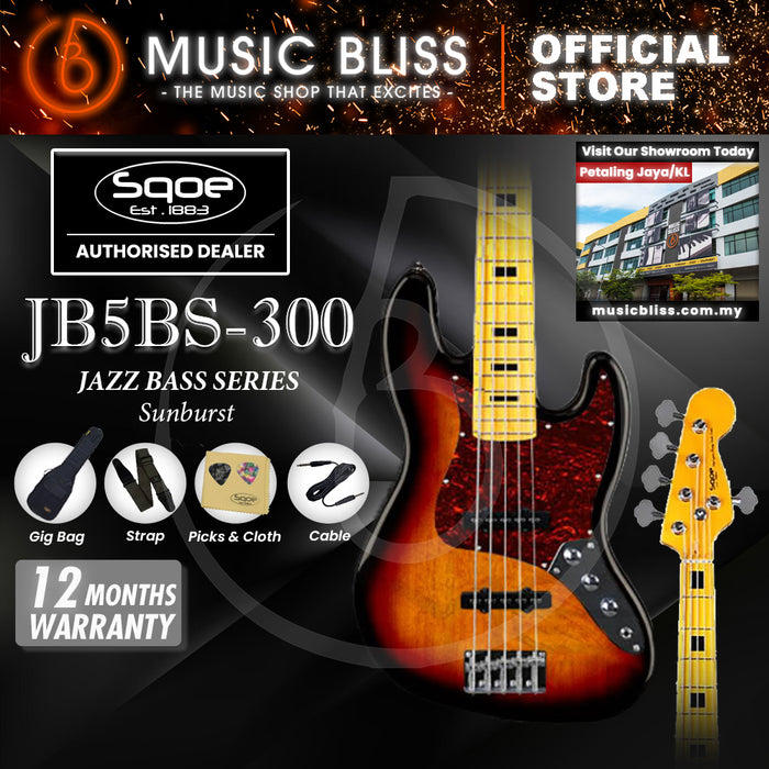 SQOE JB5BS300 5-string Electric Bass Guitar with Maple Fingerboard - Sunburst
