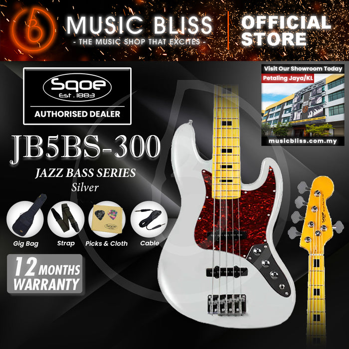 SQOE JB5BS300-SV 5-string Electric Bass Guitar with Maple Fingerboard - Silver