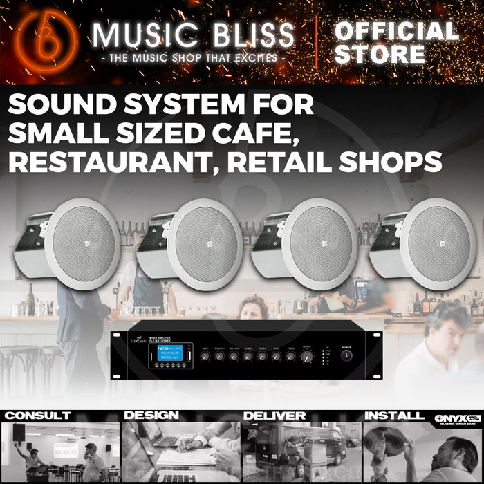 Sound System for Small Sized Cafe, Restaurant, Retail Shops with Flepcher Mixer Amplifer and JBL Ceiling Speakers