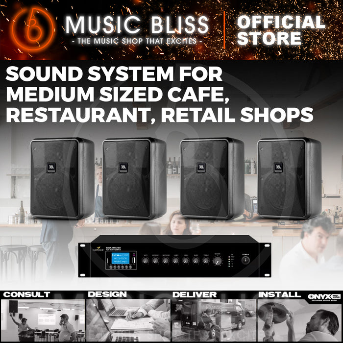 Sound System for Medium Sized Cafe, Restaurant, Retail Shops with Flepcher Mixer Amplifer and JBL Surface Mounted Speakers