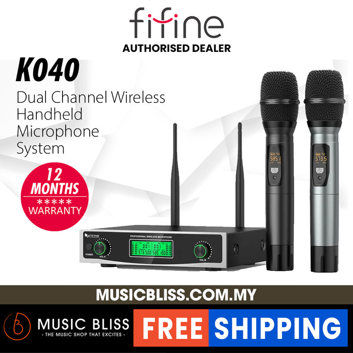 FIFINE K040 Dual Wireless Microphone System, Fifine Two Handheld Dynamic Cordless Mic and Dual Channel Receiver, 50 Selectable UHF Frequency for Karaoke Singing Party, Church, DJ, Wedding, School Presentation - Music Bliss Malaysia