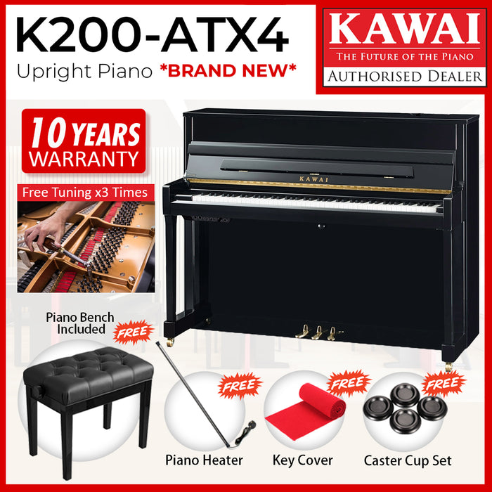 Kawai K200-ATX4 Hybrid Upright Piano - Ebony Polish