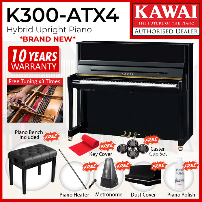 Kawai K300-ATX4 Hybrid Upright Piano - Ebony Polish