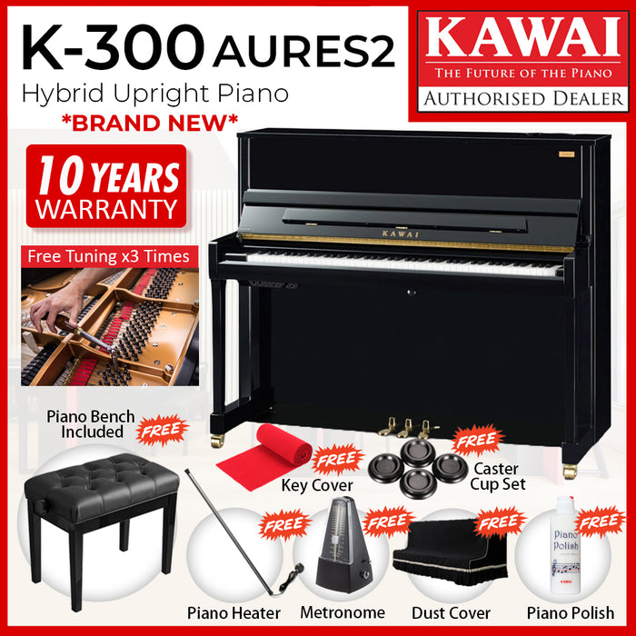 Kawai K300 AURES2 Hybrid Upright Piano - Ebony Polish