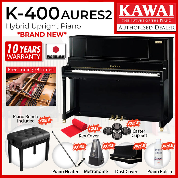 Kawai K400 AURES2 [Made In Japan] Hybrid Upright Piano - Ebony Polish
