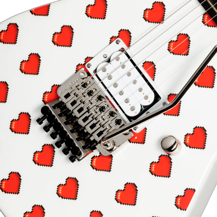 Kramer NightSwan Pixel Hearts Electric Guitar with Premium Gig Bag - Pearl White with Hearts