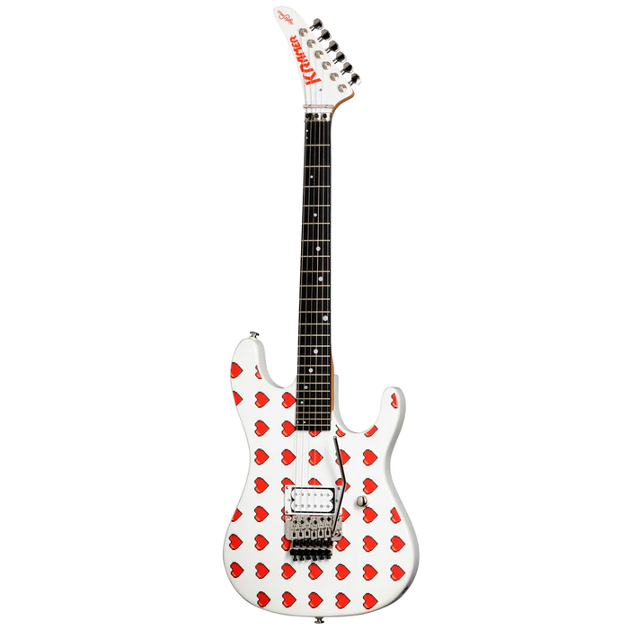 Kramer NightSwan Pixel Hearts Electric Guitar with Premium Gig Bag - Pearl White with Hearts