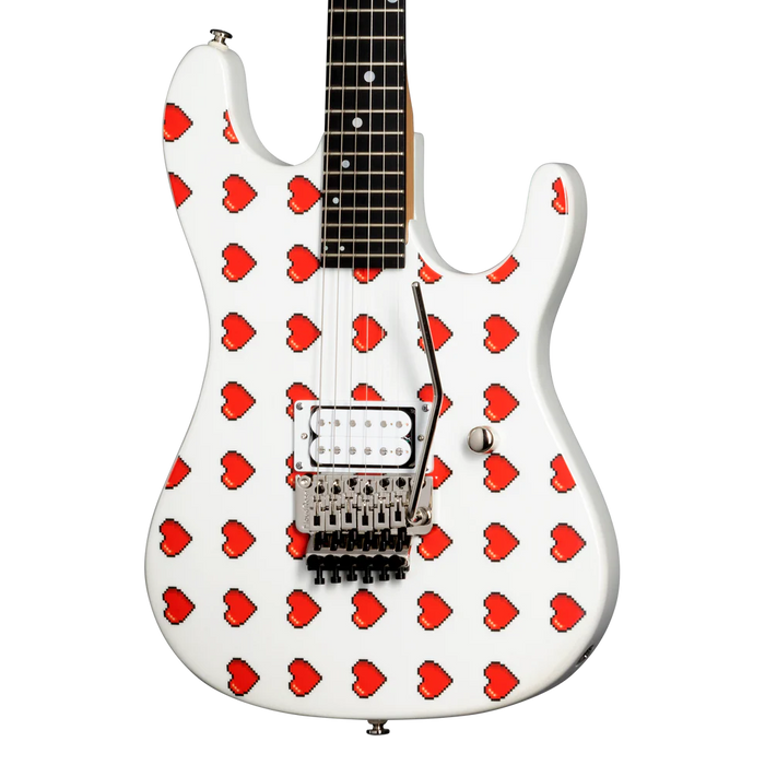 Kramer NightSwan Pixel Hearts Electric Guitar with Premium Gig Bag - Pearl White with Hearts