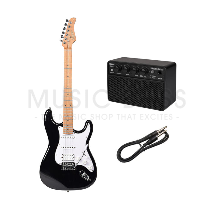 Kaysen KST210-H-BK Budget Beginner Electric Guitar - HSS Strat Style Black for Rock Kapak