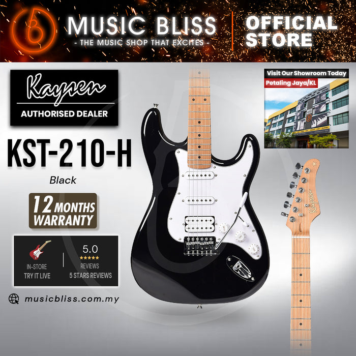 Kaysen KST210-H-BK Budget Beginner Electric Guitar - HSS Strat Style Black for Rock Kapak