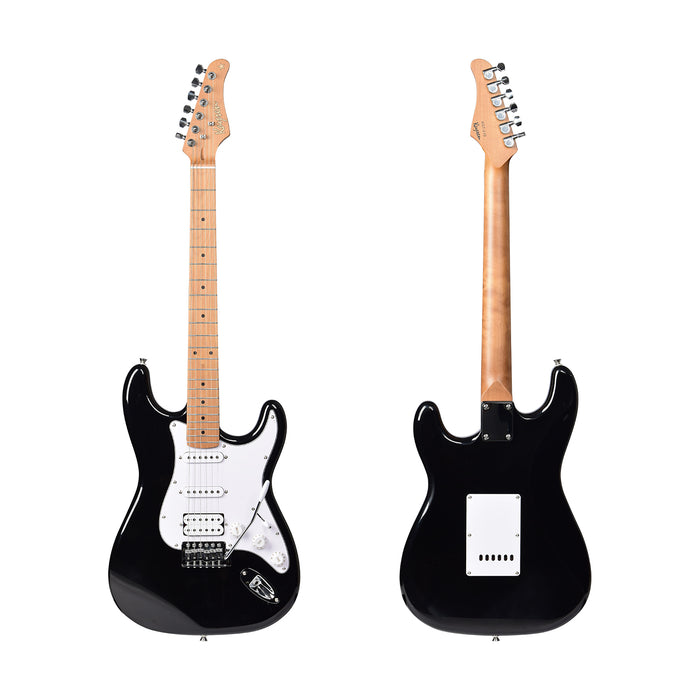 Kaysen KST210-H-BK Budget Beginner Electric Guitar - HSS Strat Style Black for Rock Kapak
