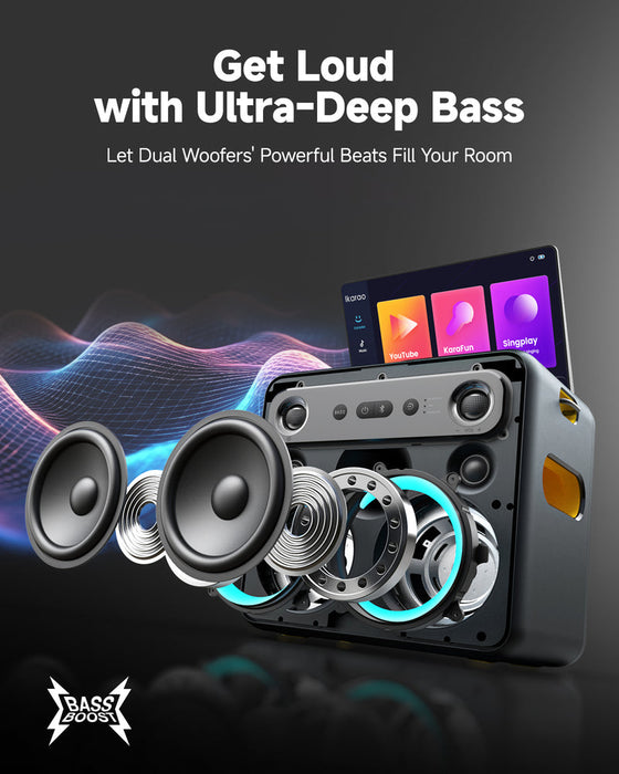 Ikarao Break X2 Premium Portable Wireless Audio Machine with 106dB Sound Pressure, Dual 4-inch Woofers, and 10.1” HD Screen - USB C