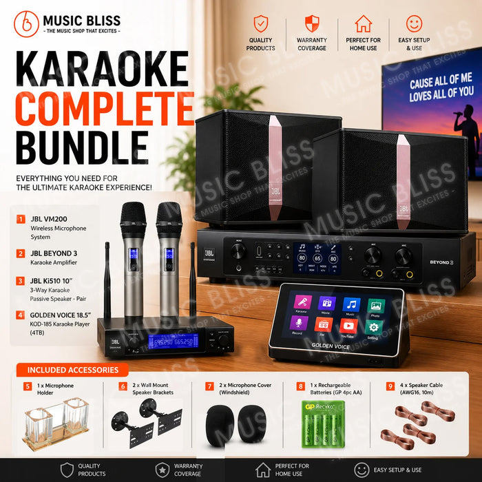 Complete Karaoke System Package with Dual Wireless Microphone System, JBL Ki510 10" Passive Speakers, JBL Karaoke Amplifier & 4TB Karaoke Player