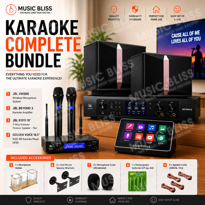 Complete Karaoke System Package with Dual Wireless Microphone System, JBL Ki510 10" Passive Speakers, JBL Karaoke Amplifier & 4TB Karaoke Player