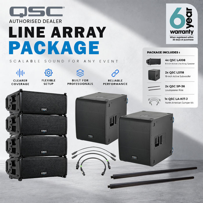 QSC LA108 1300W 8" Active Line Array Speaker Dual and LS118 4000W 18" Subwoofer Pole Mount System