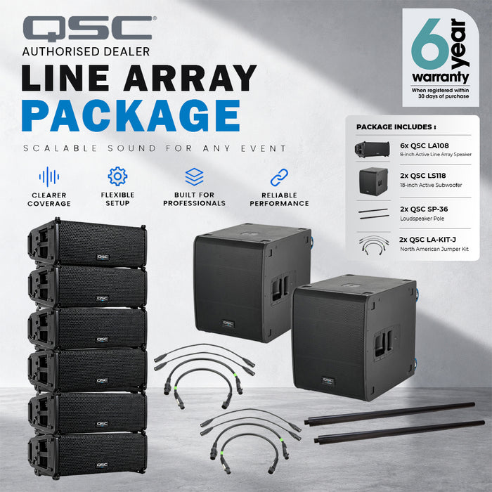 QSC LA108 1300W 8" Active Line Array Speaker Triple and LS118 4000W 18" Subwoofer Pole Mount System