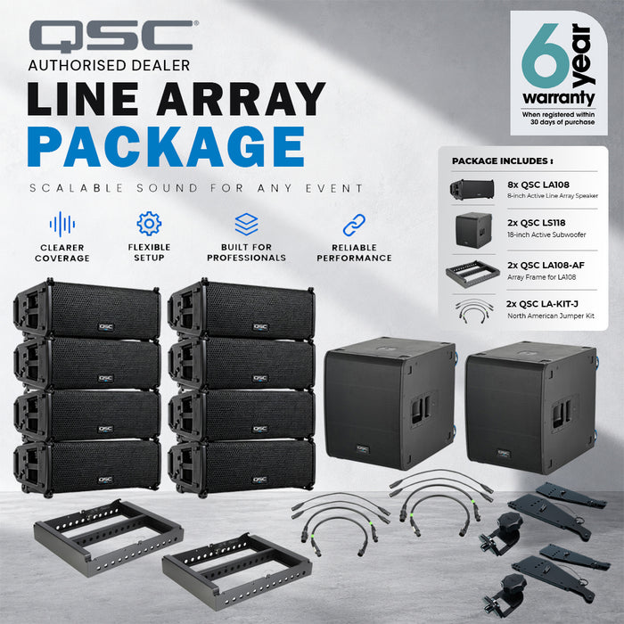 QSC LA108 1300W 8" Active Line Array Speaker and LS118 4000W 18" Subwoofer Pole Mount System