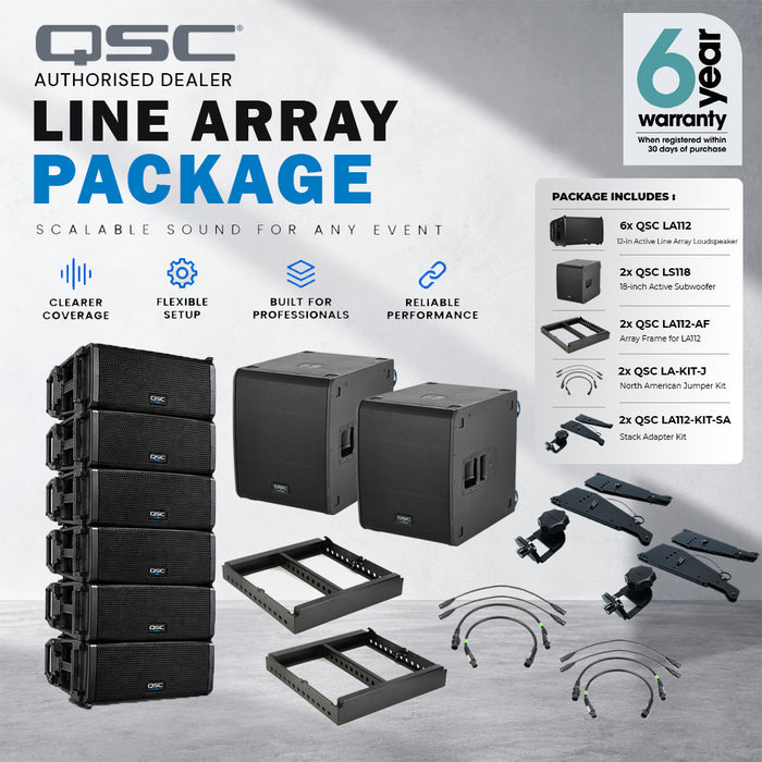 QSC Triple LA112 2400W 12" Active Line Array Speakers and LS118 4000W 18" Powered Subwoofer Ground Stack System