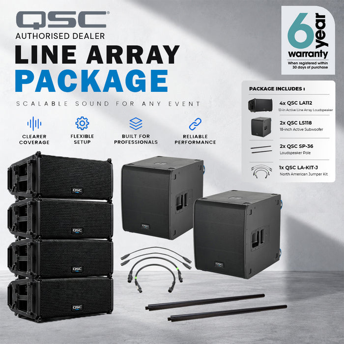 QSC Dual LA112 2400W 12" Active Line Array Speakers and LS118 4000W 18" Powered Subwoofer Pole Mount System