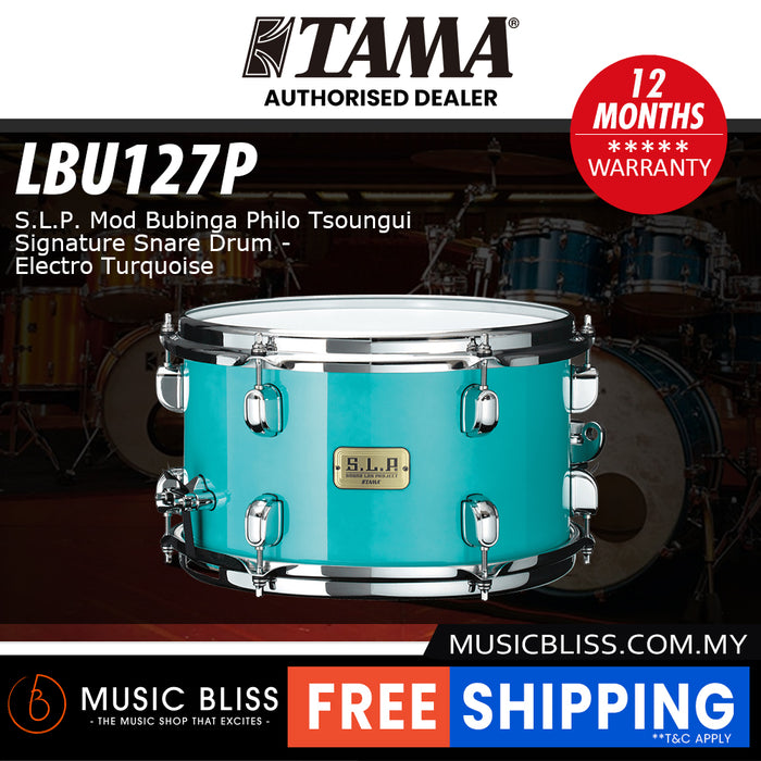 Tama S.L.P. Mod Bubinga Philo Tsoungui Signature Snare Drum - 7" x 12" - Electro Turquoise
